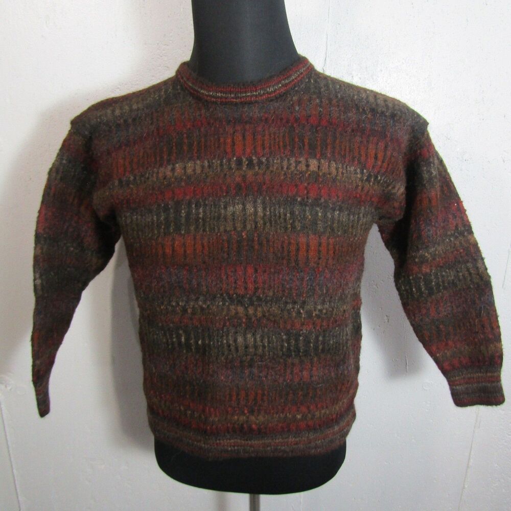 Intiwara Alpaca Boys Sweater Size L 100% Alpaca Hand Knit Brown Red Orange Gray